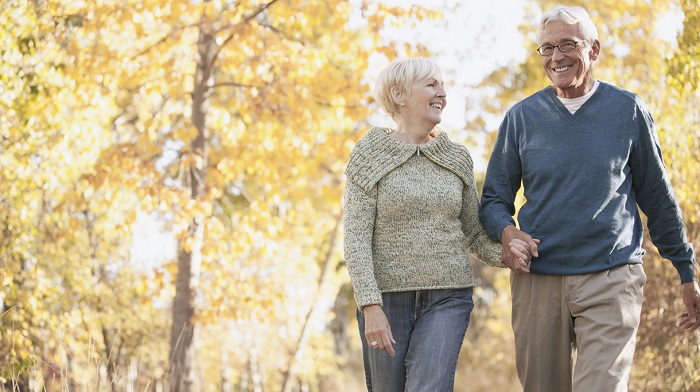 Happy senior couple holding hands and walking in park